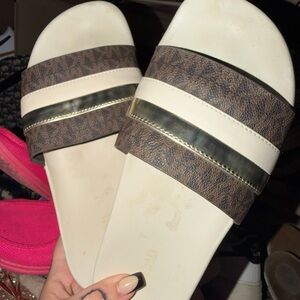 Mk Women's Brown & Cream Slide Sandals with Gold Accent